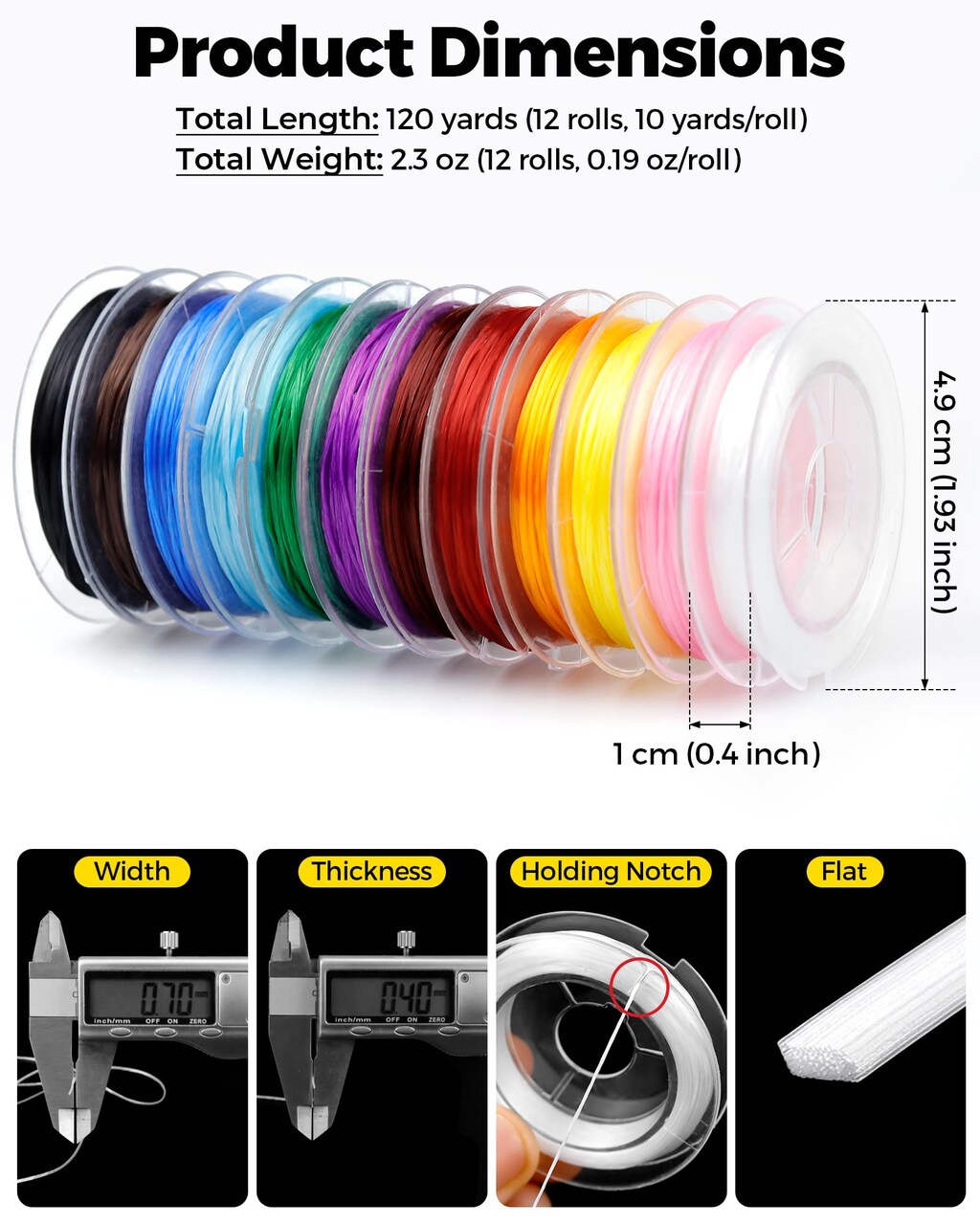 12 Roll 0.7mm Flat Elastic Bracelet String Cord, 12 Color High Stretch Beading Elastic String for Bracelets Necklace Jewelry Making, Stretchy Thread Cord for Clay Beads, Crystal & Pony Beads